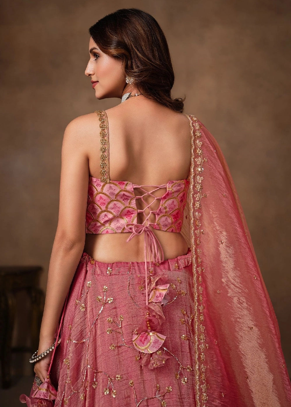 Dusty Pink Banarasi Brocade & Viscose Tissue Lehenga with Embroidery Work