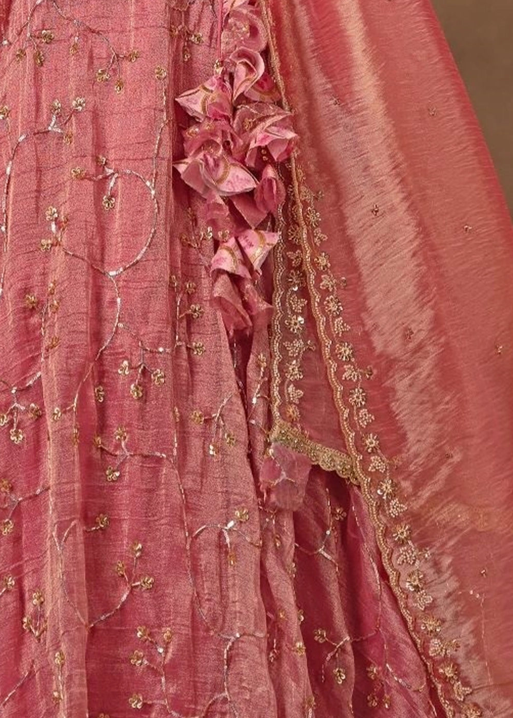 Dusty Pink Banarasi Brocade & Viscose Tissue Lehenga with Embroidery Work