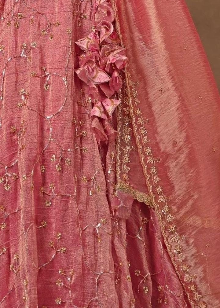 Dusty Pink Banarasi Brocade & Viscose Tissue Lehenga with Embroidery Work