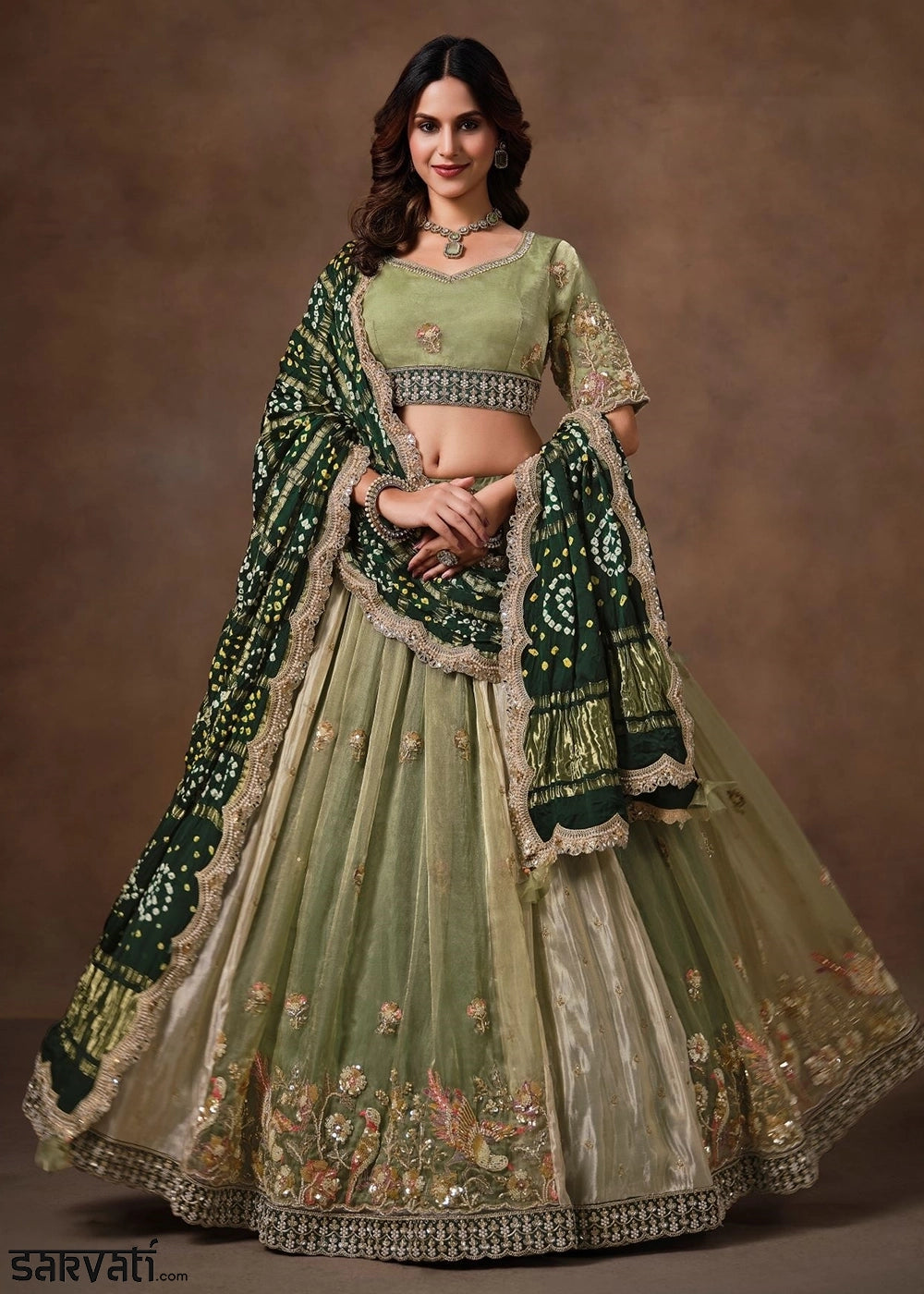 Sage Green Tissue &  Bandhej Lehenga with Embroidery Work