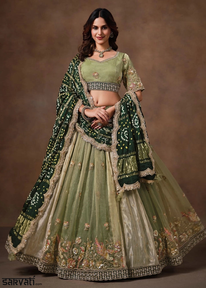 Sage Green Tissue &  Bandhej Lehenga with Embroidery Work