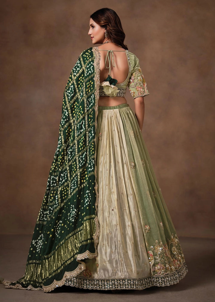 Sage Green Tissue &  Bandhej Lehenga with Embroidery Work