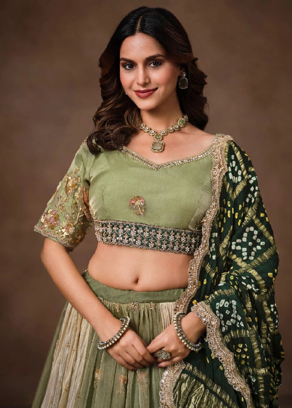 Sage Green Tissue &  Bandhej Lehenga with Embroidery Work