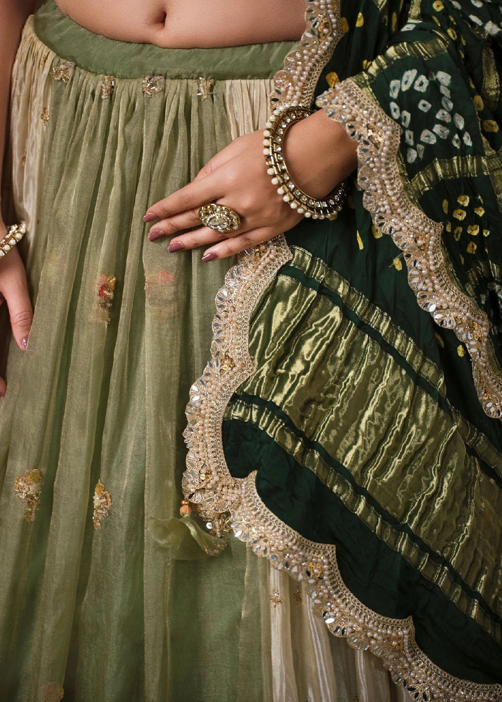 Sage Green Tissue &  Bandhej Lehenga with Embroidery Work