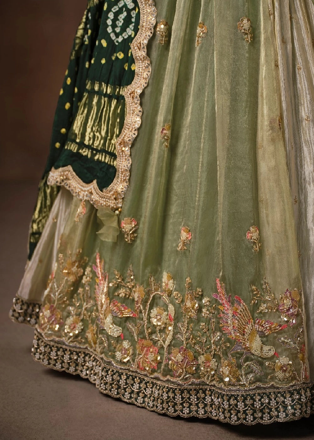 Sage Green Tissue &  Bandhej Lehenga with Embroidery Work