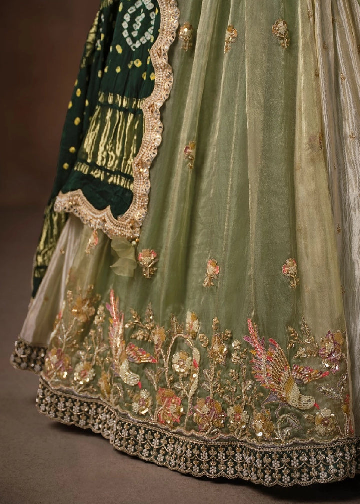 Sage Green Tissue &  Bandhej Lehenga with Embroidery Work