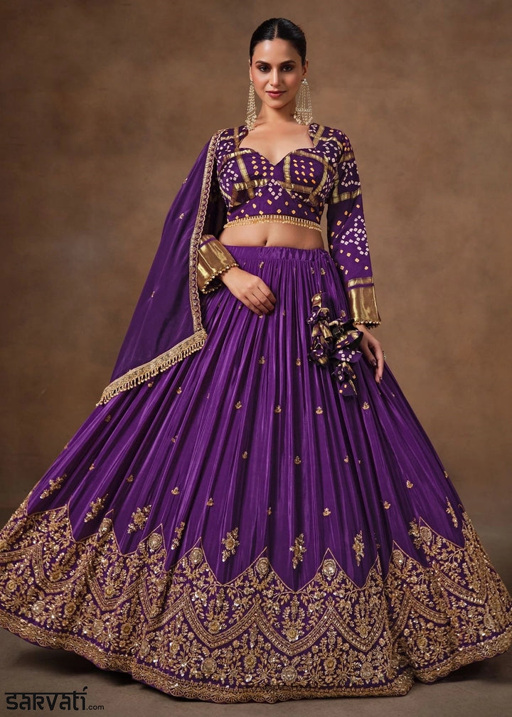 Royal Purple Natural Crepe & Pure Bandhej Lehenga with Embroidery Work