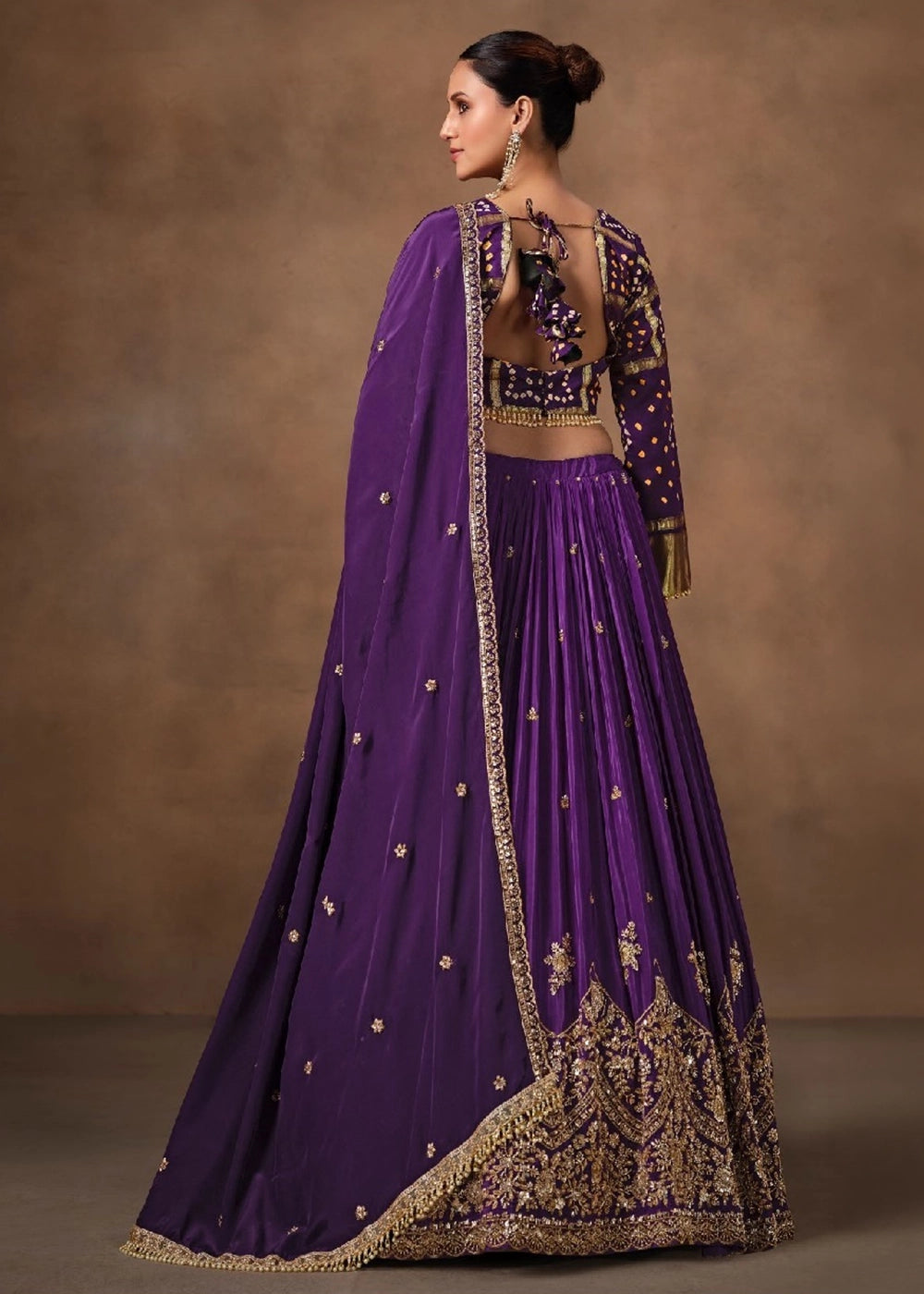 Royal Purple Natural Crepe & Pure Bandhej Lehenga with Embroidery Work