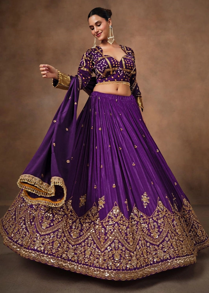 Royal Purple Natural Crepe & Pure Bandhej Lehenga with Embroidery Work