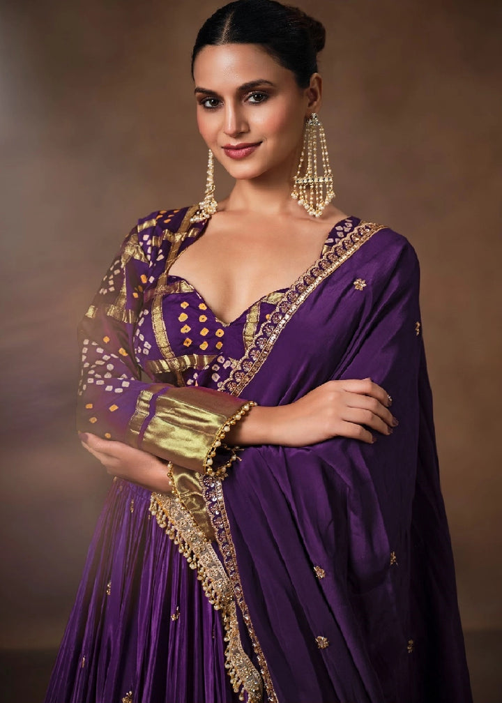 Royal Purple Natural Crepe & Pure Bandhej Lehenga with Embroidery Work