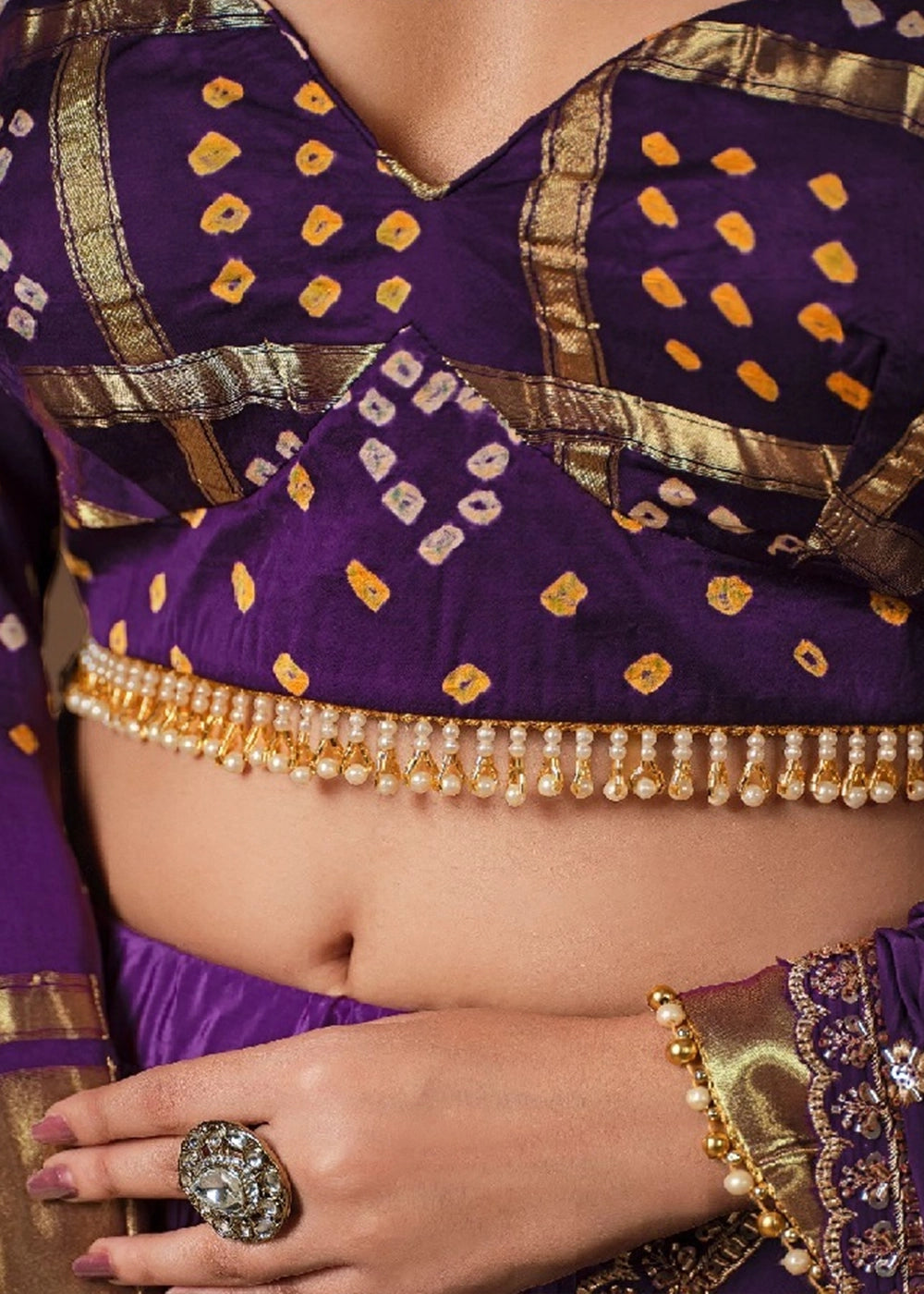 Royal Purple Natural Crepe & Pure Bandhej Lehenga with Embroidery Work