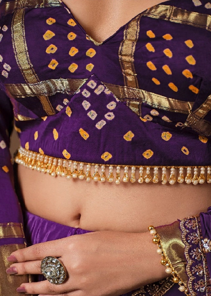 Royal Purple Natural Crepe & Pure Bandhej Lehenga with Embroidery Work