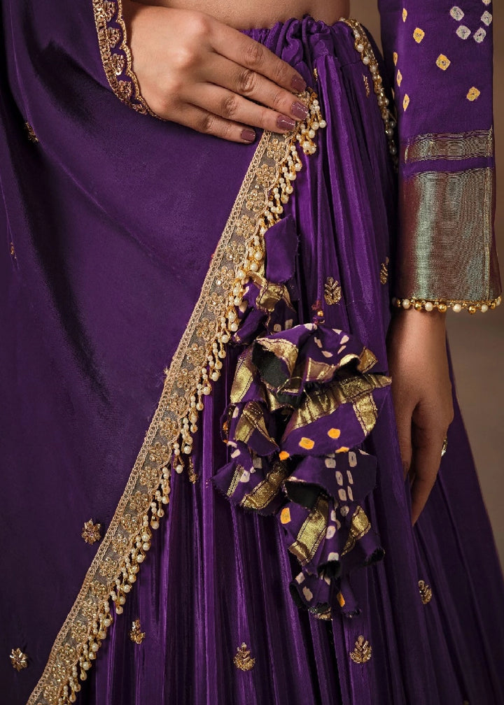 Royal Purple Natural Crepe & Pure Bandhej Lehenga with Embroidery Work