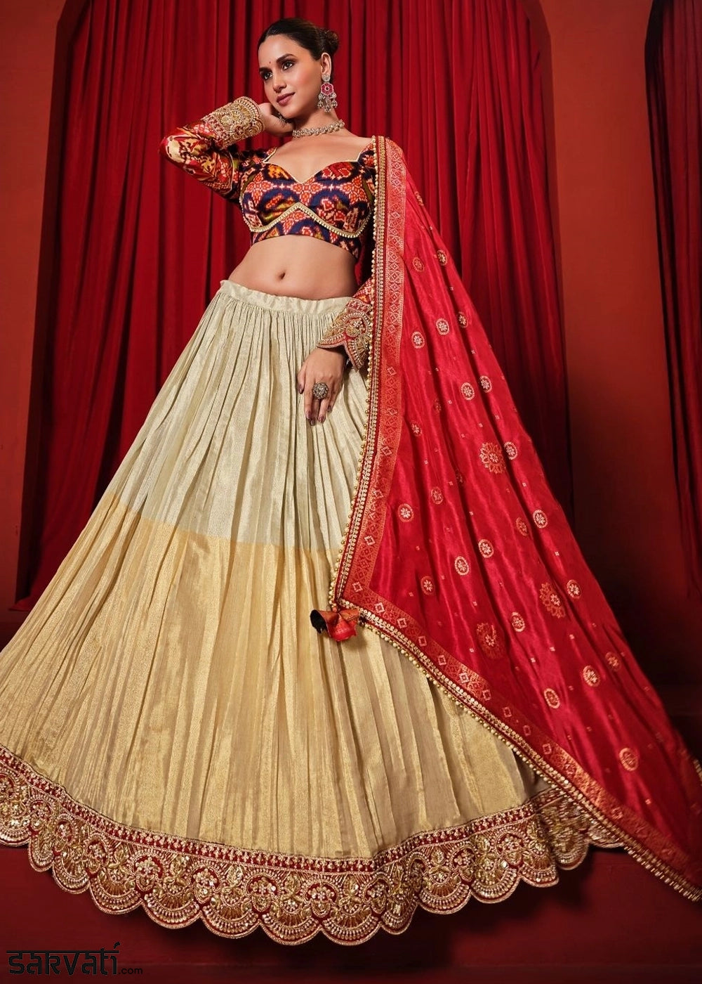 Cream White Dola Tissue Patola Lehenga with Zari Weaving Work