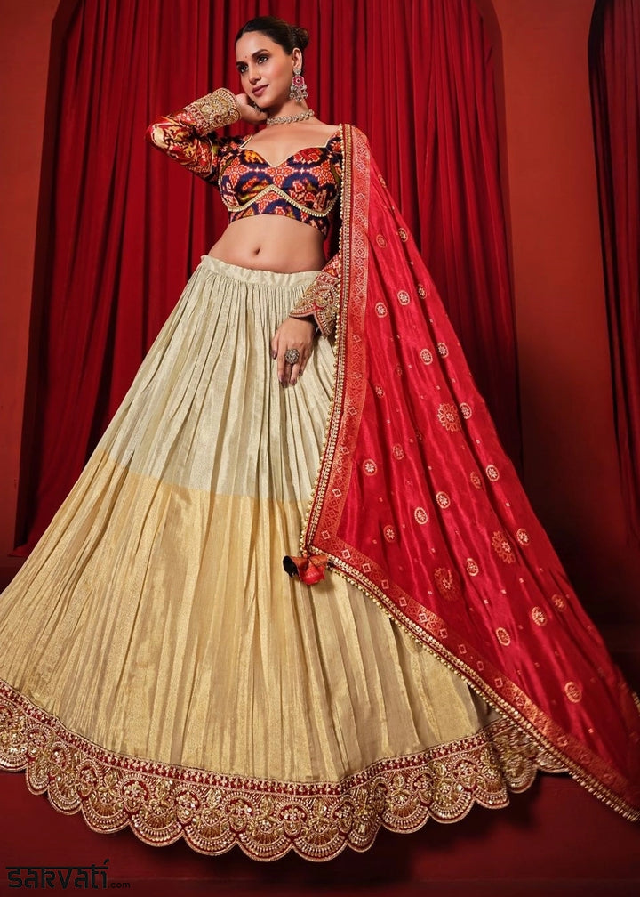 Cream White Dola Tissue Patola Lehenga with Zari Weaving Work