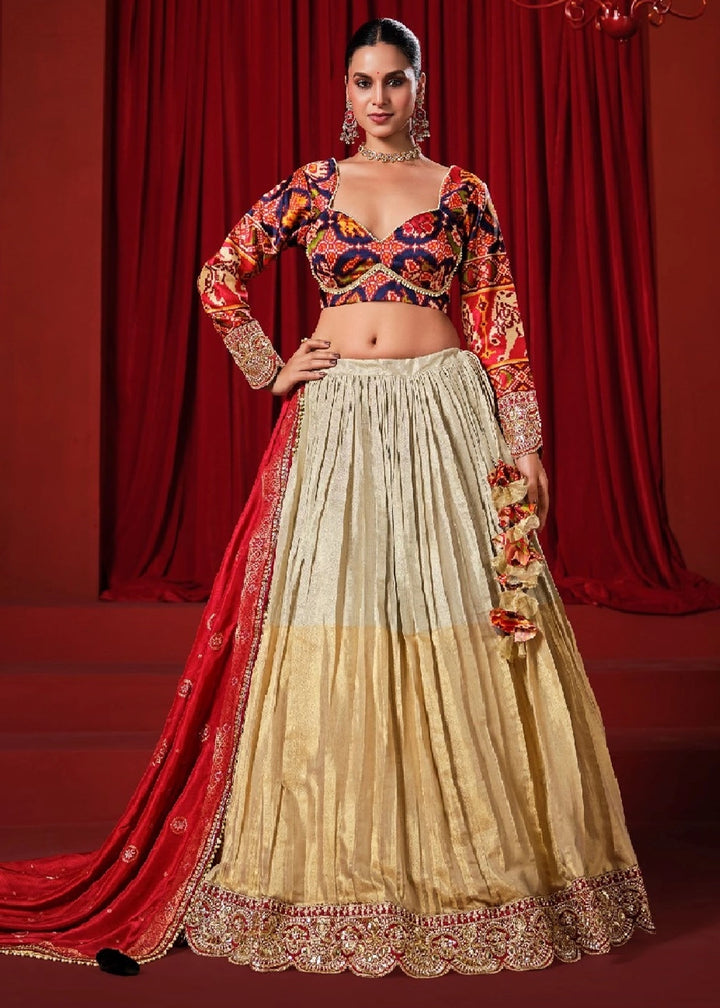 Cream White Dola Tissue Patola Lehenga with Zari Weaving Work