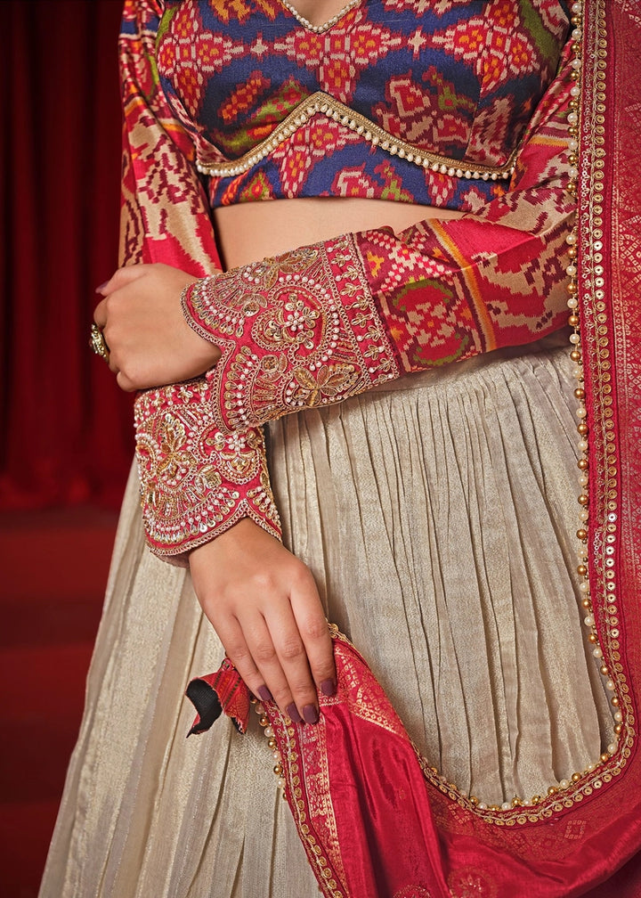 Cream White Dola Tissue Patola Lehenga with Zari Weaving Work