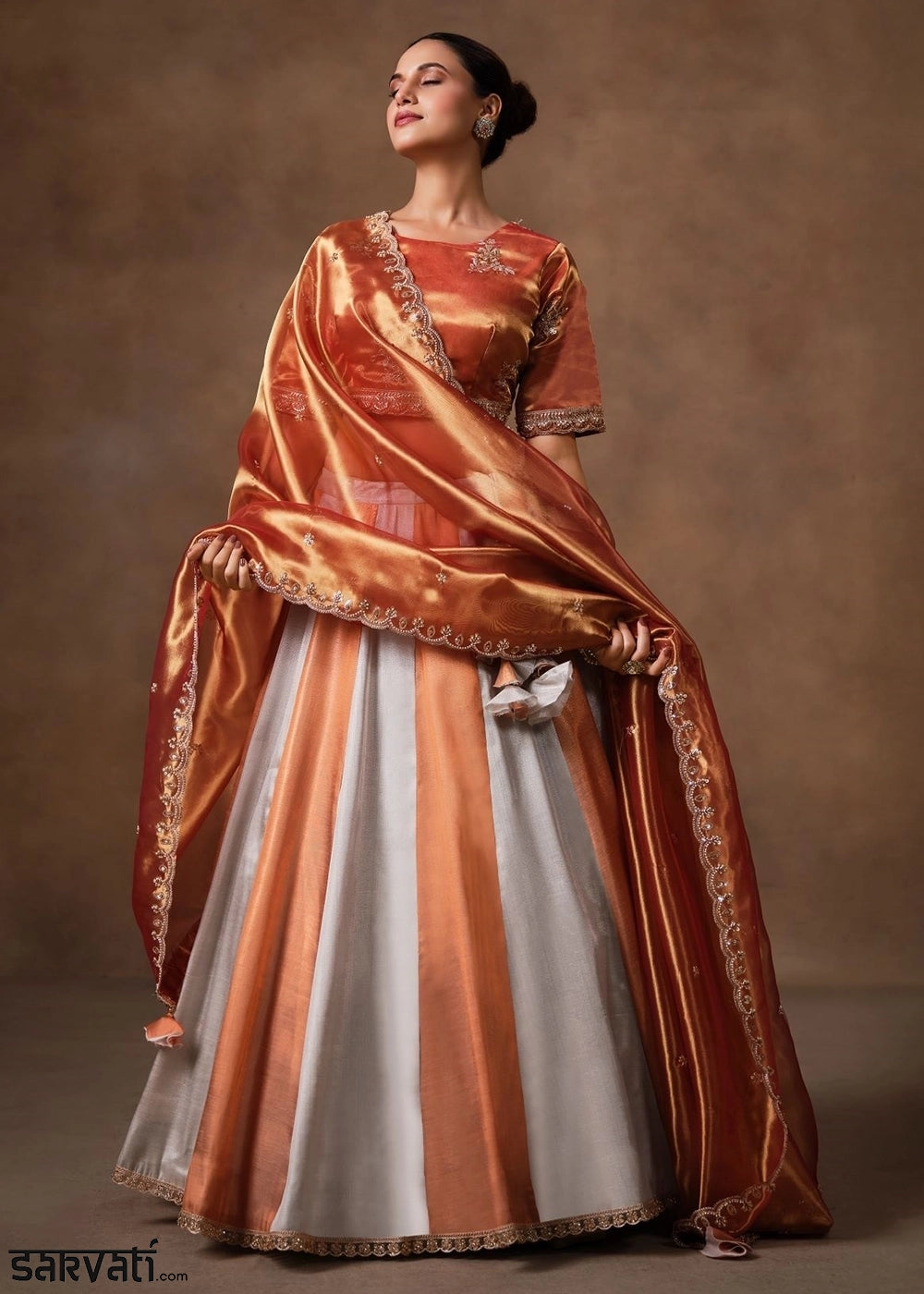 Rust Orange Tissue Lehenga with Border & Embroidery Work