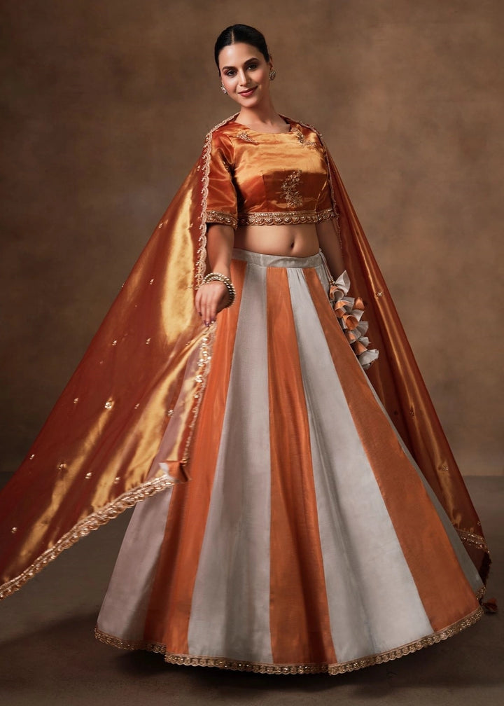 Rust Orange Tissue Lehenga with Border & Embroidery Work