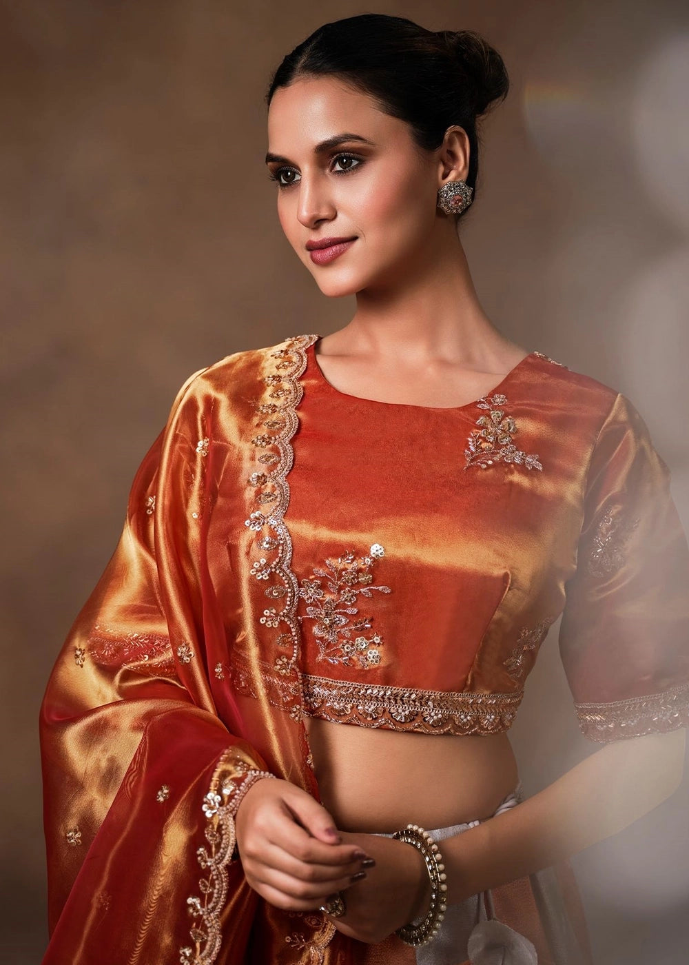 Rust Orange Tissue Lehenga with Border & Embroidery Work