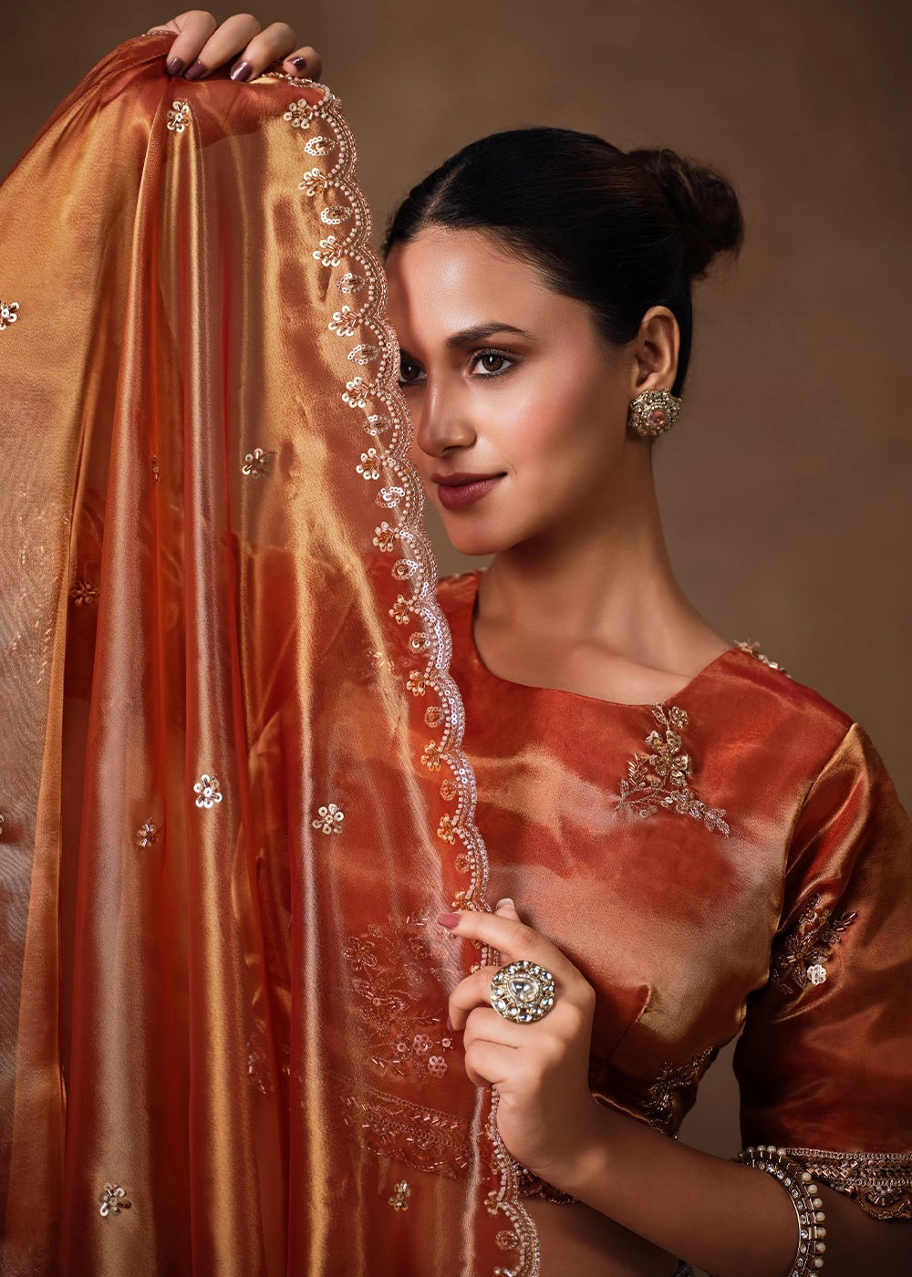 Rust Orange Tissue Lehenga with Border & Embroidery Work