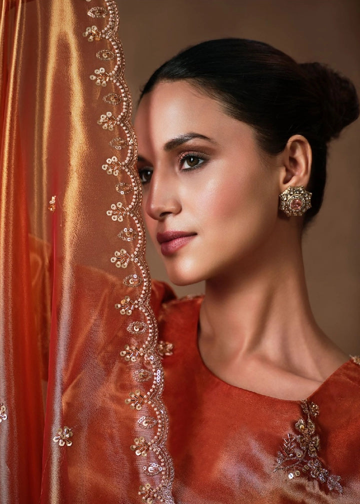 Rust Orange Tissue Lehenga with Border & Embroidery Work