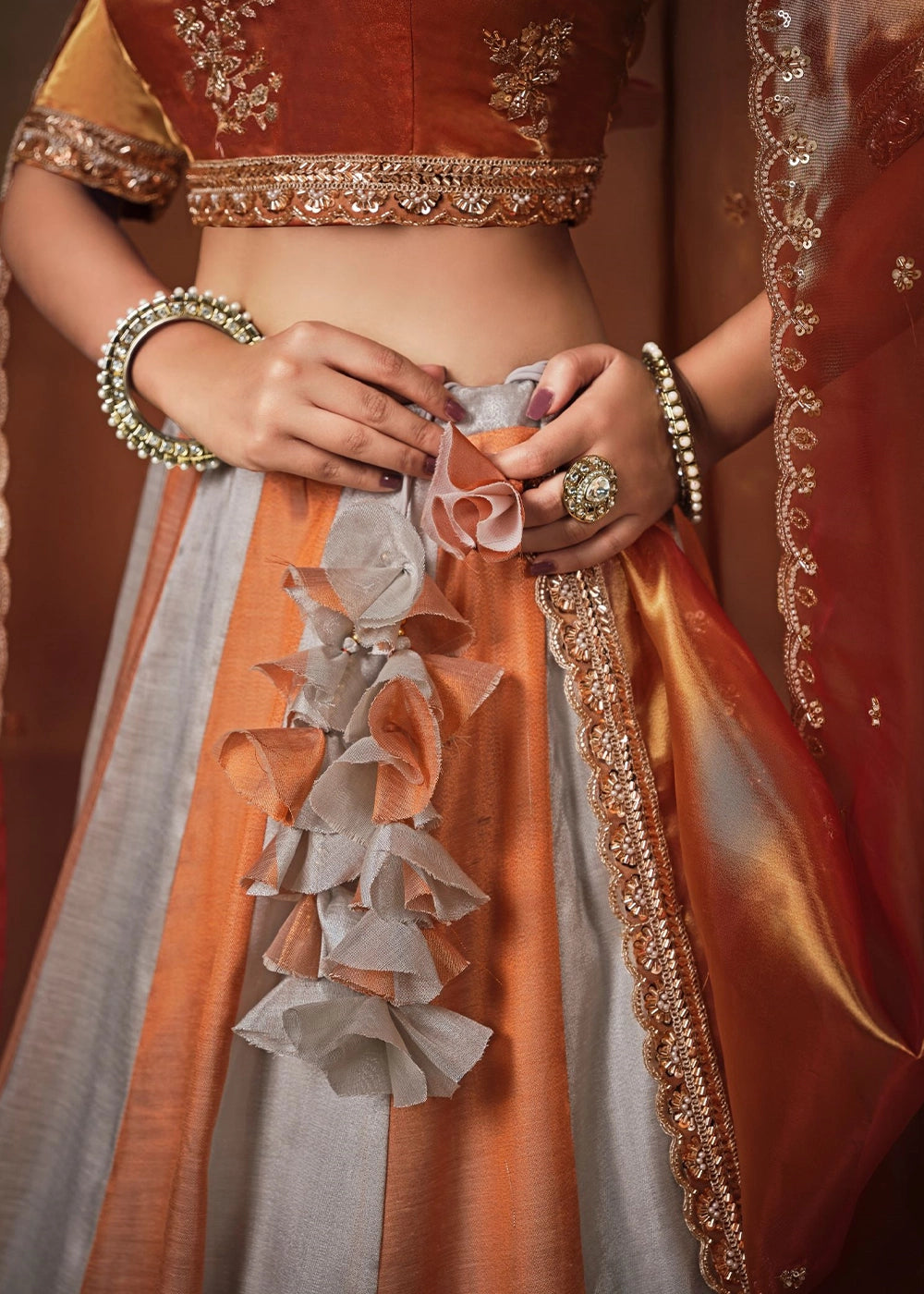 Rust Orange Tissue Lehenga with Border & Embroidery Work