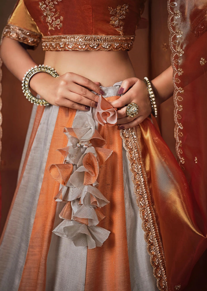 Rust Orange Tissue Lehenga with Border & Embroidery Work