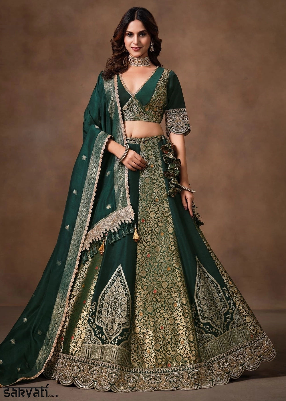 Emerald Green Banarasi Kinkhab & Dola Silk Lehenga with Embroidery Work