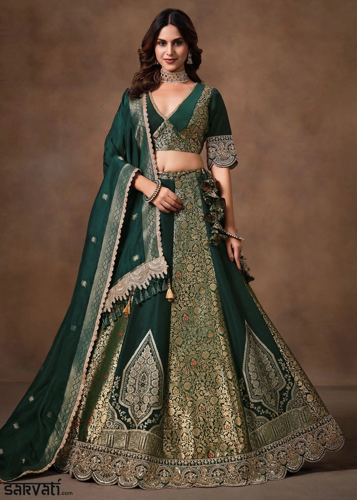 Emerald Green Banarasi Kinkhab & Dola Silk Lehenga with Embroidery Work