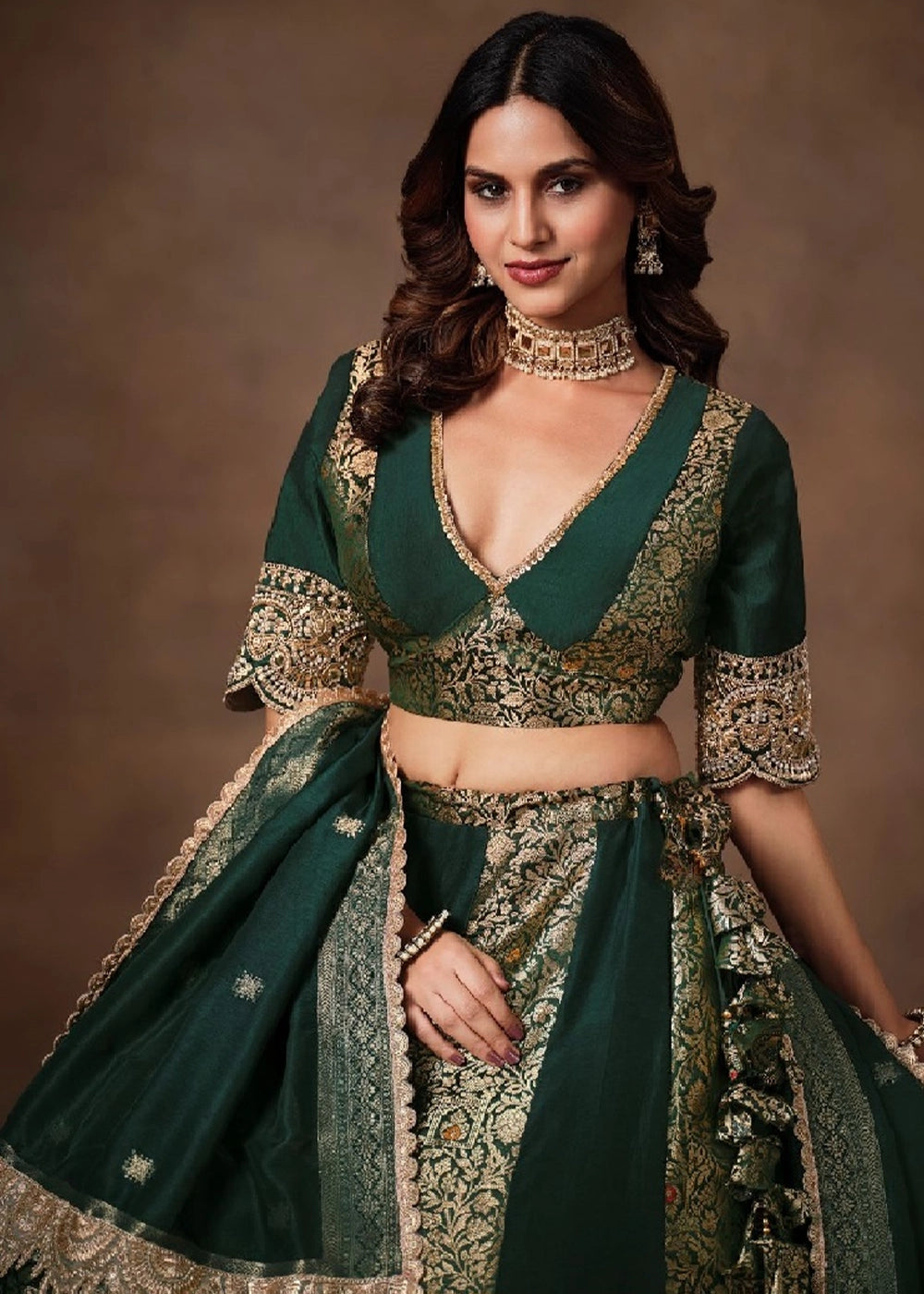 Emerald Green Banarasi Kinkhab & Dola Silk Lehenga with Embroidery Work