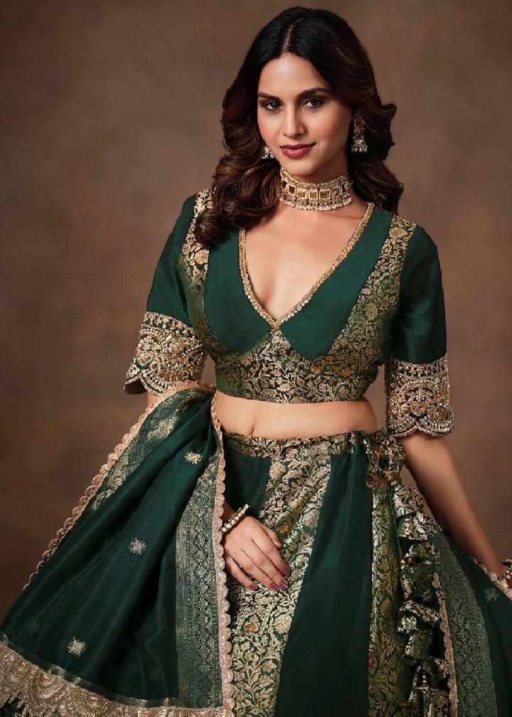 Emerald Green Banarasi Kinkhab & Dola Silk Lehenga with Embroidery Work