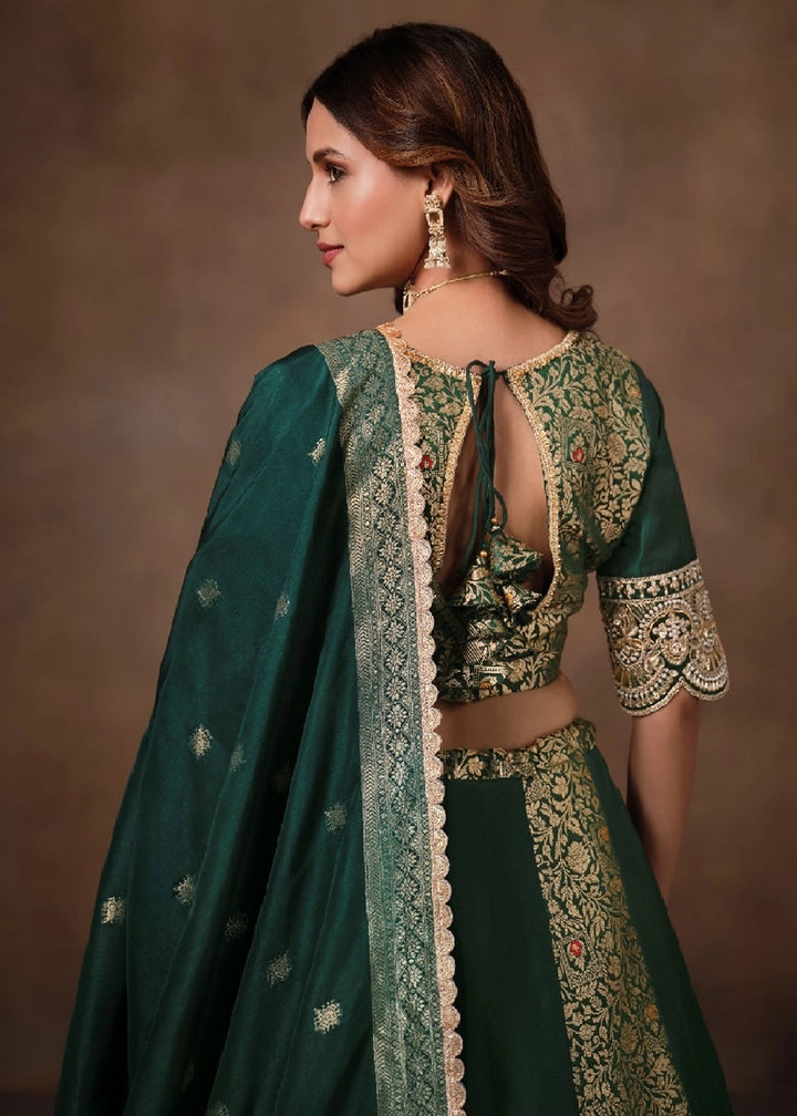 Emerald Green Banarasi Kinkhab & Dola Silk Lehenga with Embroidery Work