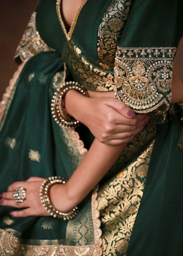 Emerald Green Banarasi Kinkhab & Dola Silk Lehenga with Embroidery Work