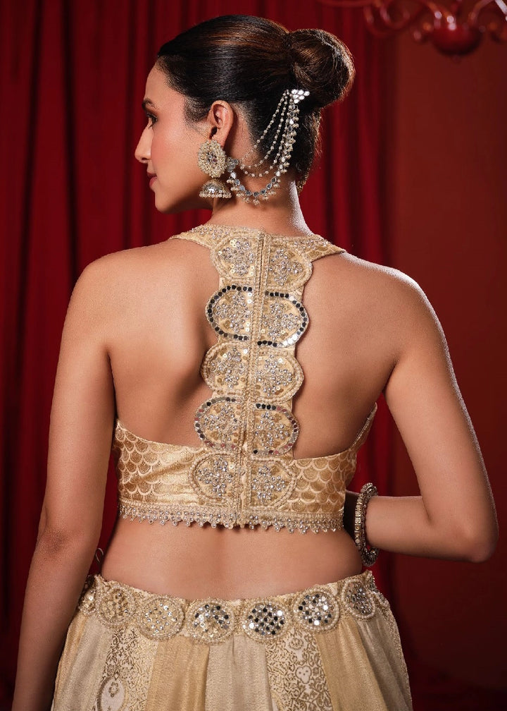 Beige Gold Tissue Silk Designer Lehenga Choli with Jaal Dupatta