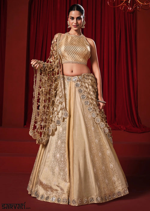 Beige Gold Tissue Silk Designer Lehenga Choli with Jaal Dupatta