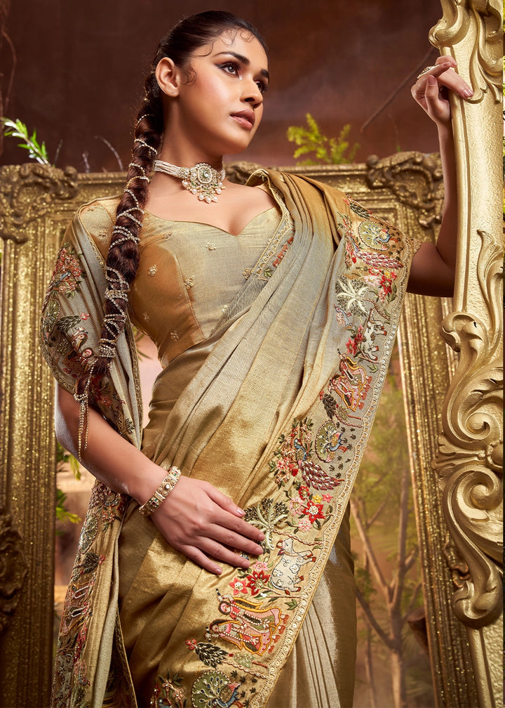 Opulent Gold Viscose Banarasi Silk Saree with Multicolour Embroidery and Stone Work