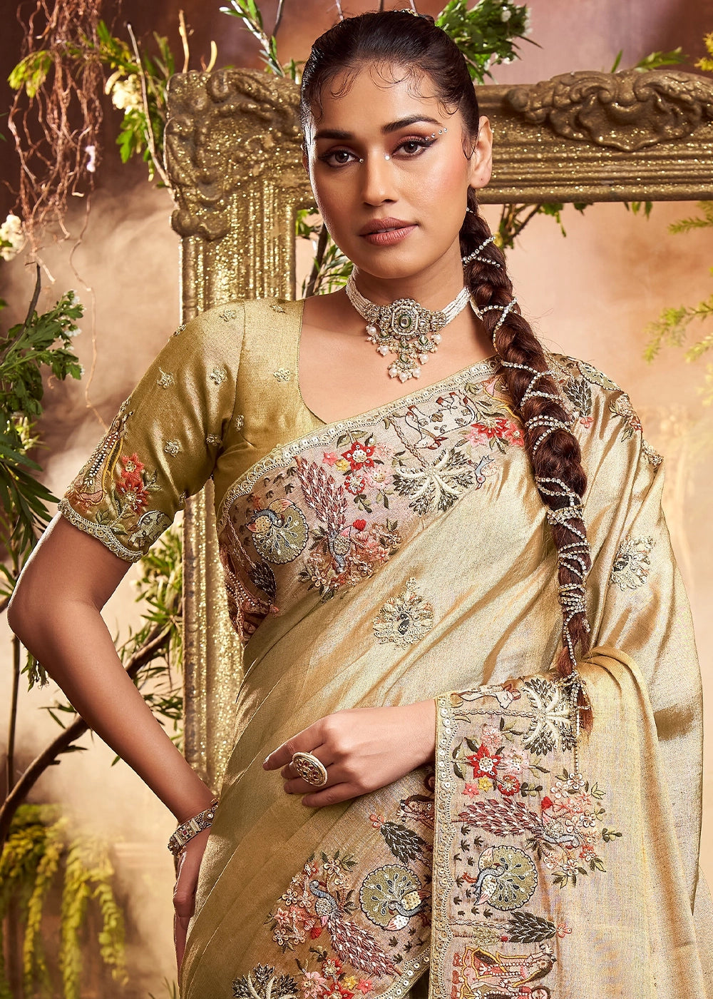 Opulent Gold Viscose Banarasi Silk Saree with Multicolour Embroidery and Stone Work