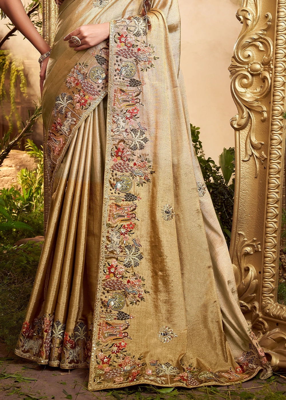 Opulent Gold Viscose Banarasi Silk Saree with Multicolour Embroidery and Stone Work