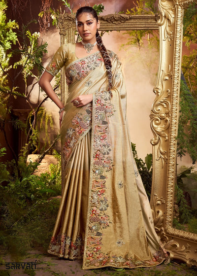 Opulent Gold Viscose Banarasi Silk Saree with Multicolour Embroidery and Stone Work