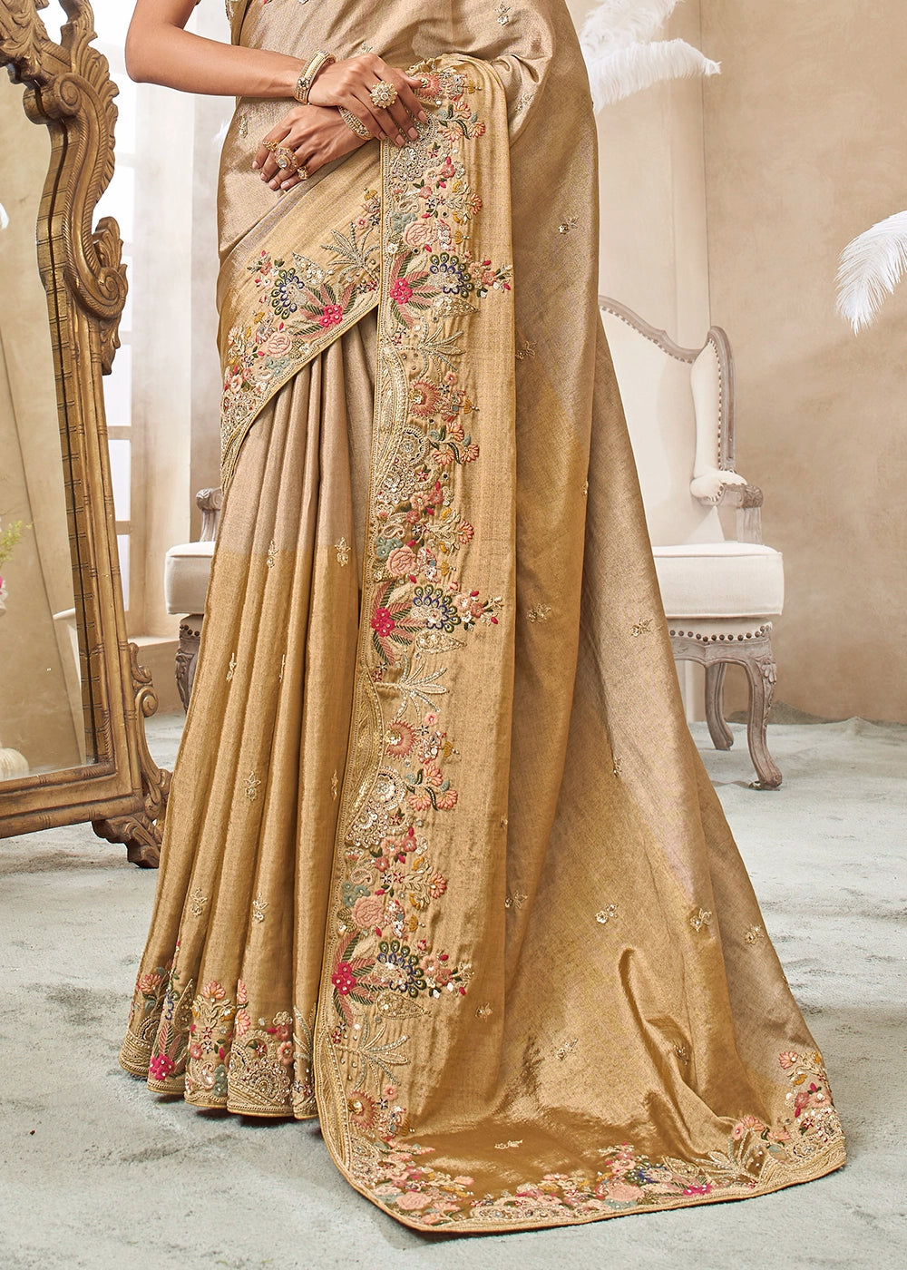 Shades Of Brown Viscose Silk Saree with Intricate Zardosi, Resham and Zari Work