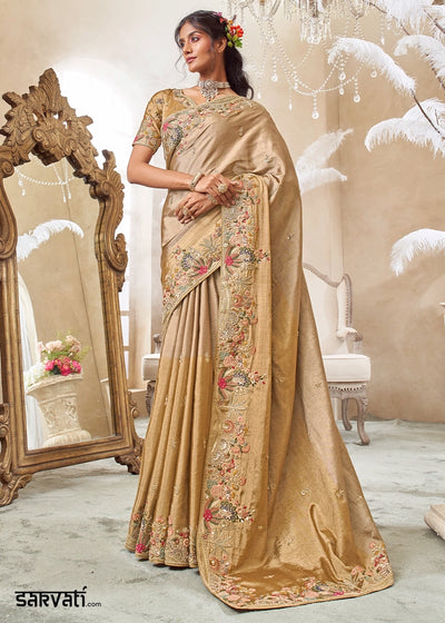 Shades Of Brown Viscose Silk Saree with Intricate Zardosi, Resham and Zari Work