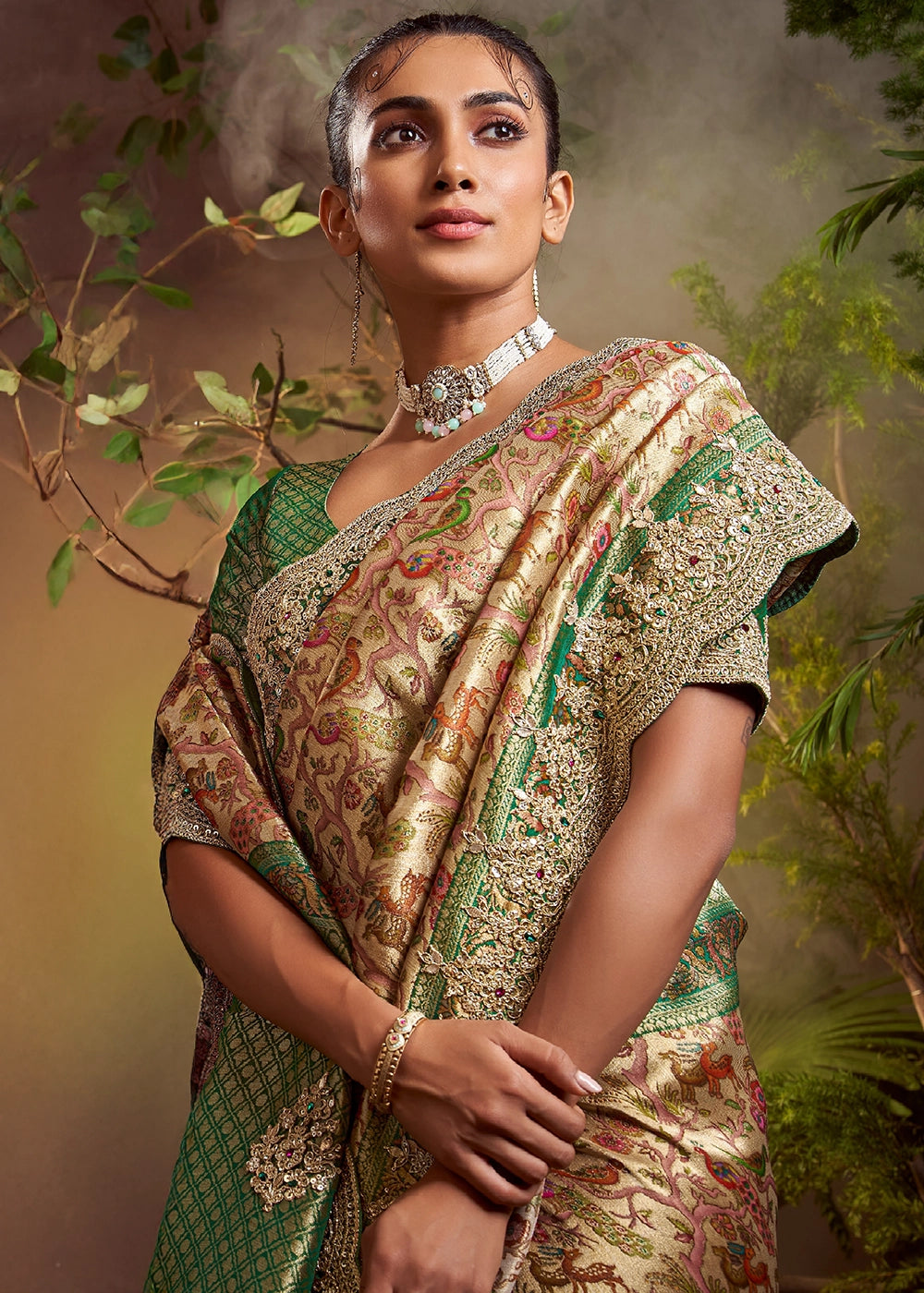 Cream & Green Viscose Banarasi Silk Saree with Intricate Floral and Zari Work