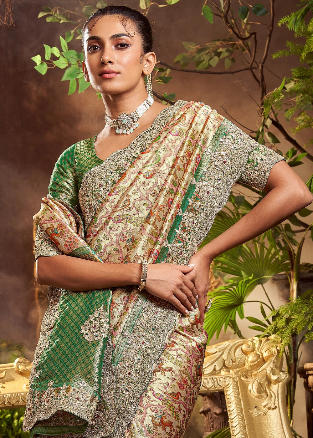 Cream & Green Viscose Banarasi Silk Saree with Intricate Floral and Zari Work