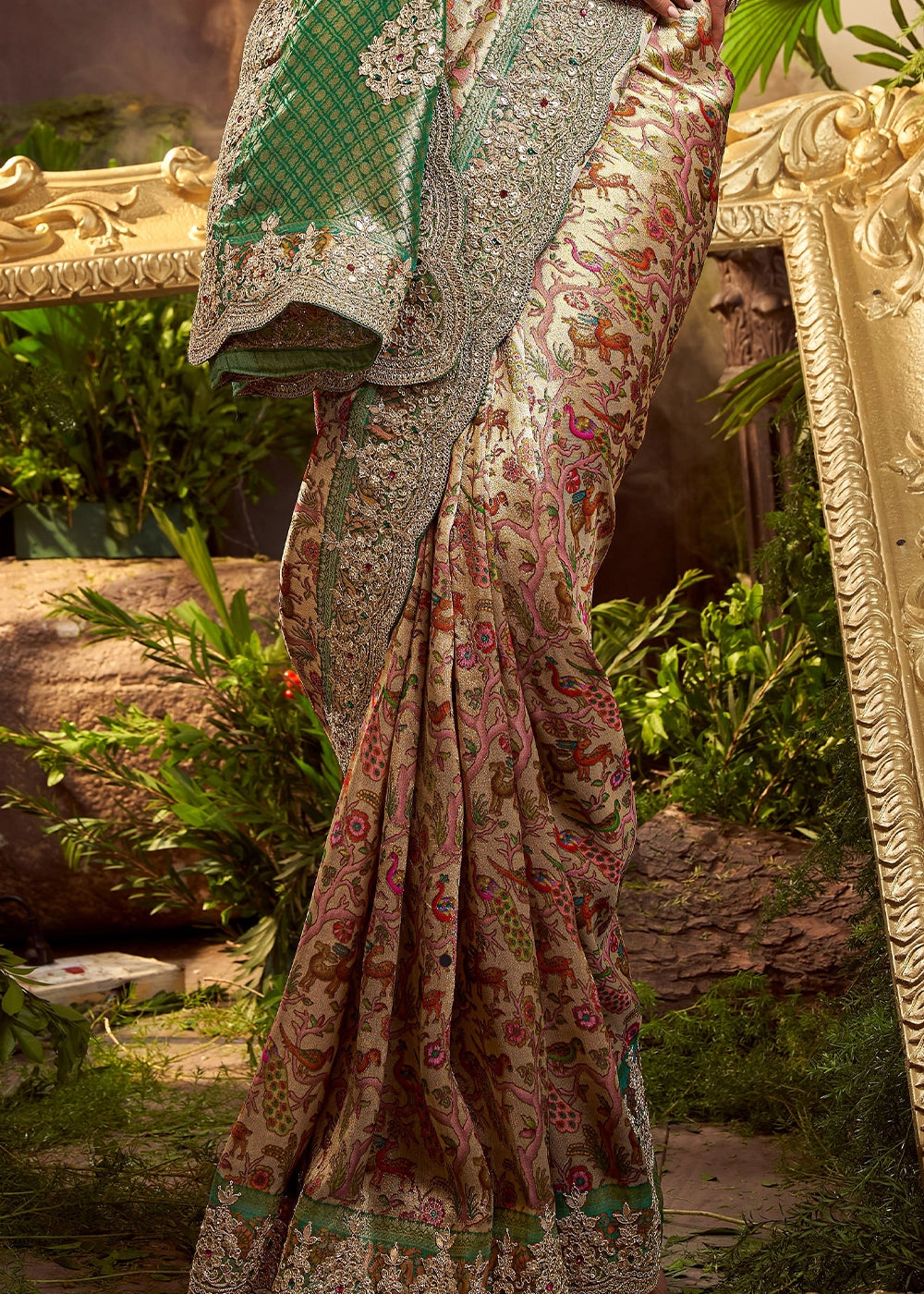 Cream & Green Viscose Banarasi Silk Saree with Intricate Floral and Zari Work