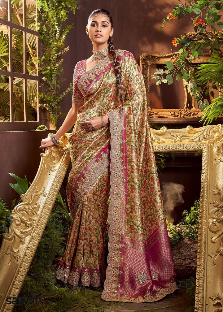 Cream & Pink Viscose Banarasi Silk Saree with Intricate Floral and Zari Work