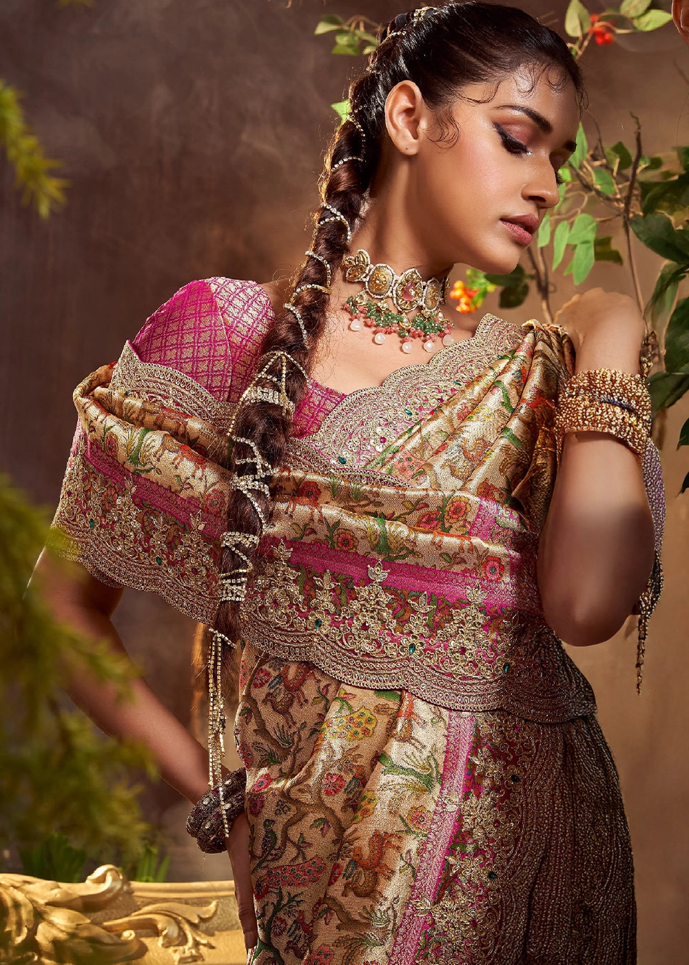 Cream & Pink Viscose Banarasi Silk Saree with Intricate Floral and Zari Work