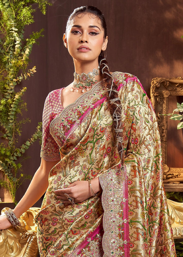 Cream & Pink Viscose Banarasi Silk Saree with Intricate Floral and Zari Work