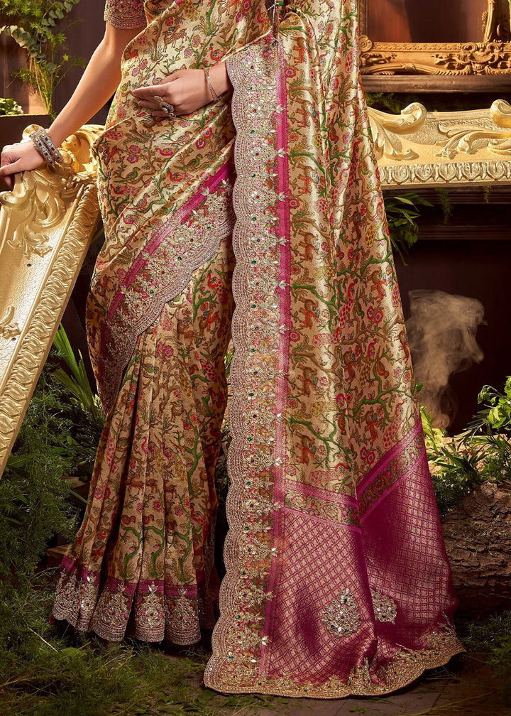 Cream & Pink Viscose Banarasi Silk Saree with Intricate Floral and Zari Work