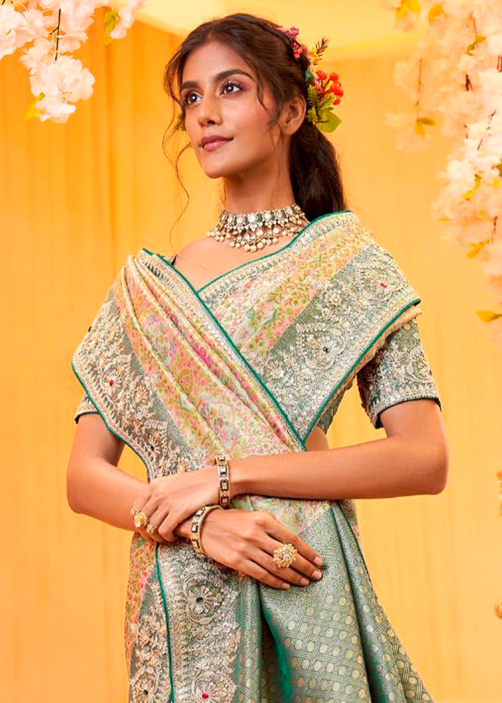 Green & Brown Viscose Silk Saree with Intricate Zardosi, Resham and Zari Work